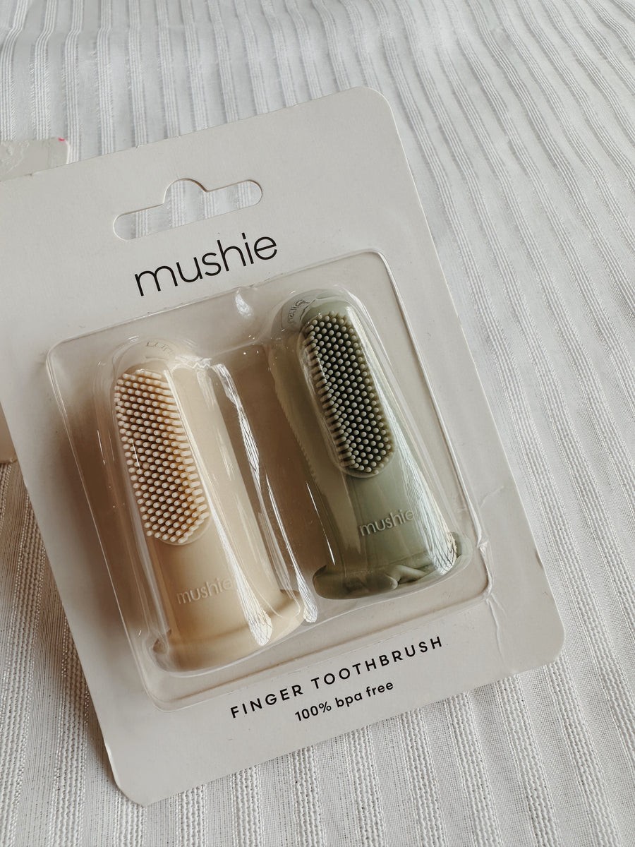 (AS IS) Mushie Finger Toothbrush - Shifting Sand/Cambridge Blue