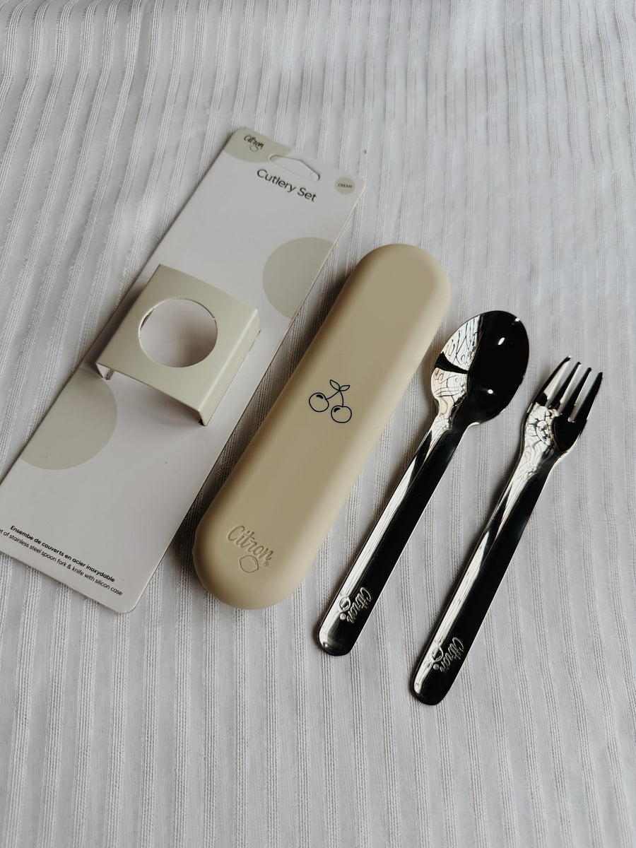 (AS IS) Citron Cutlery Set with Case - Cream